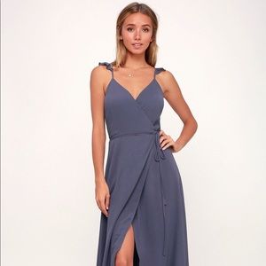 Lulus Here’s to Us Slate Blue High-Low Wrap Dress